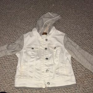White jean jacket with grey sweatshirt attached